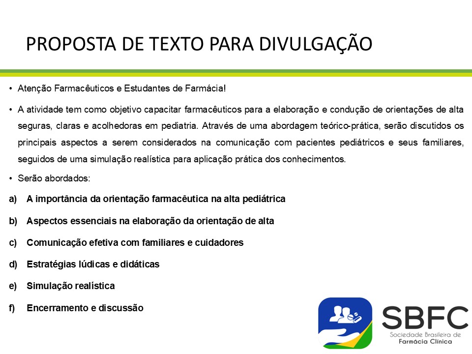 Curso: Orientação de Alta na Pediatria — Orientar para Cuidar: o Papel do Farmacêutico na Alta Pediátrica