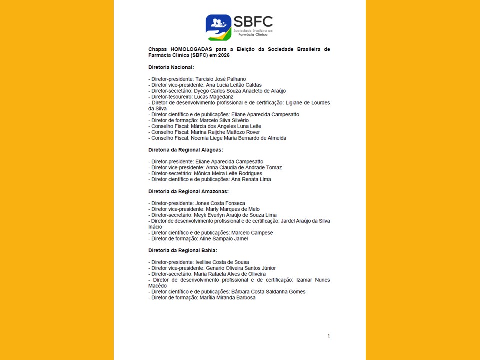 Chapas HOMOLOGADAS para a Eleição da Sociedade Brasileira de Farmácia Clínica (SBFC) em 2026